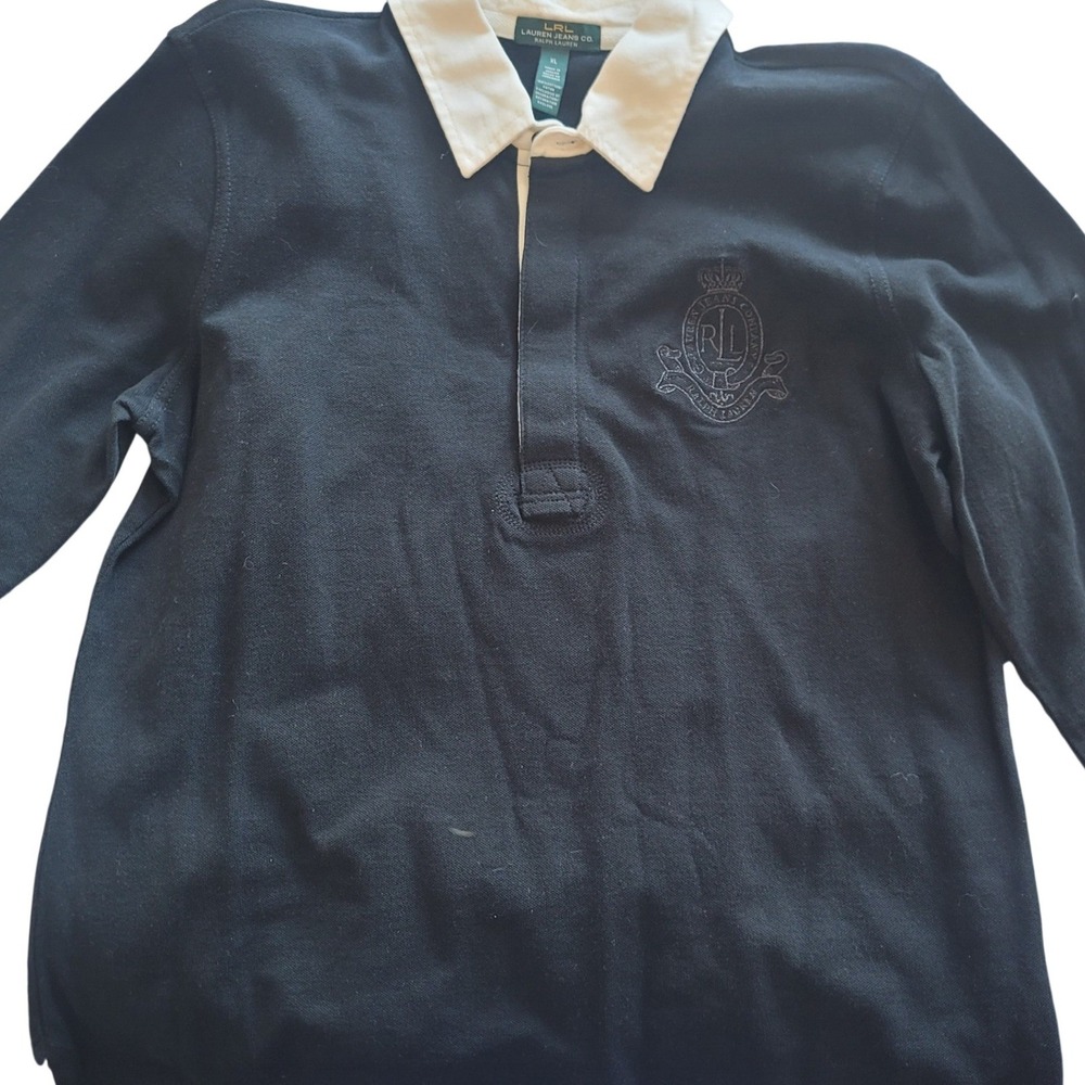 LRL Ralph Lauren Womens‎ Rugby Shirt Black White Collar Size XL Cotton Preppy